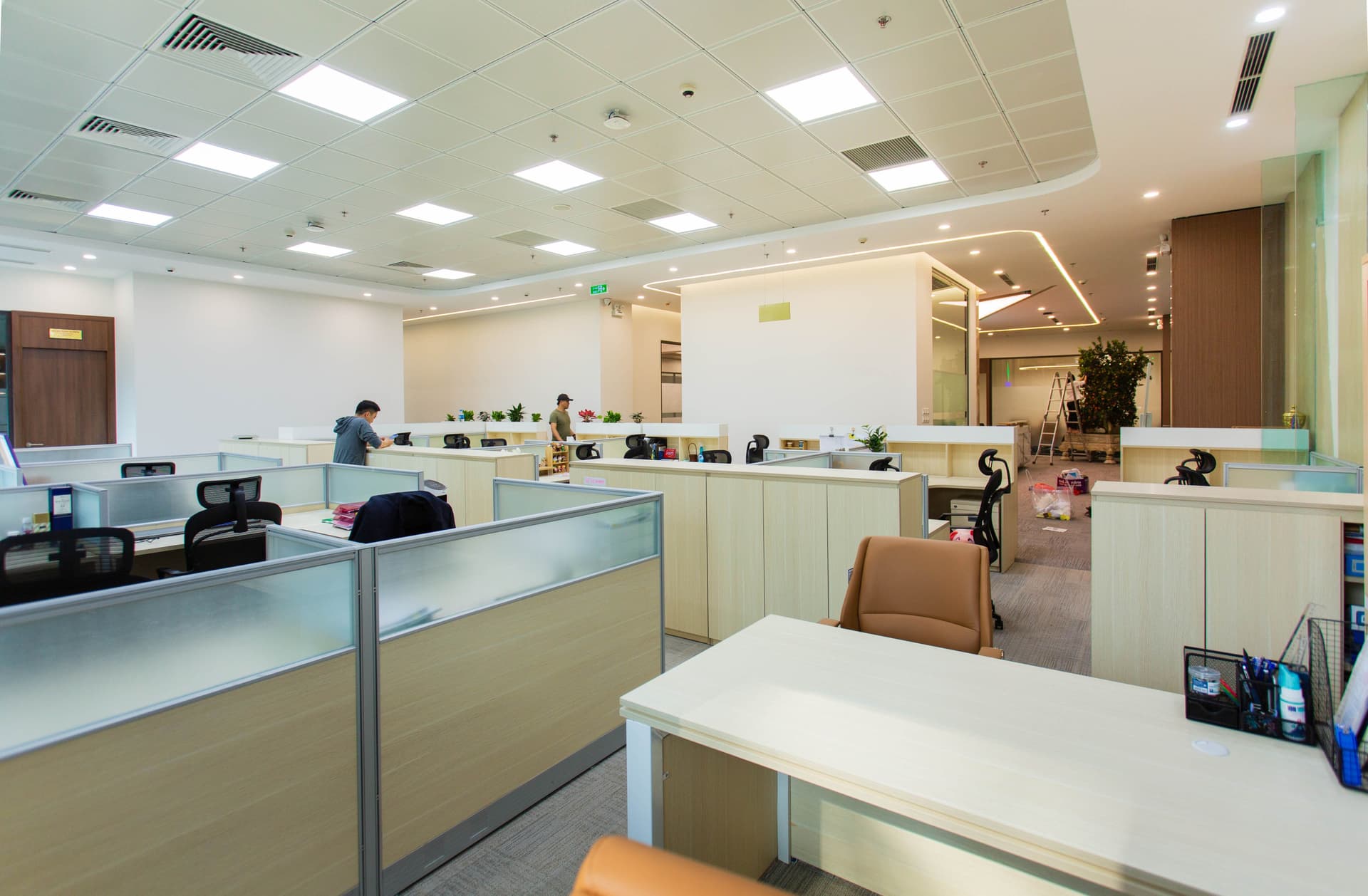 Open-plan office with cubicles and carpet tiles