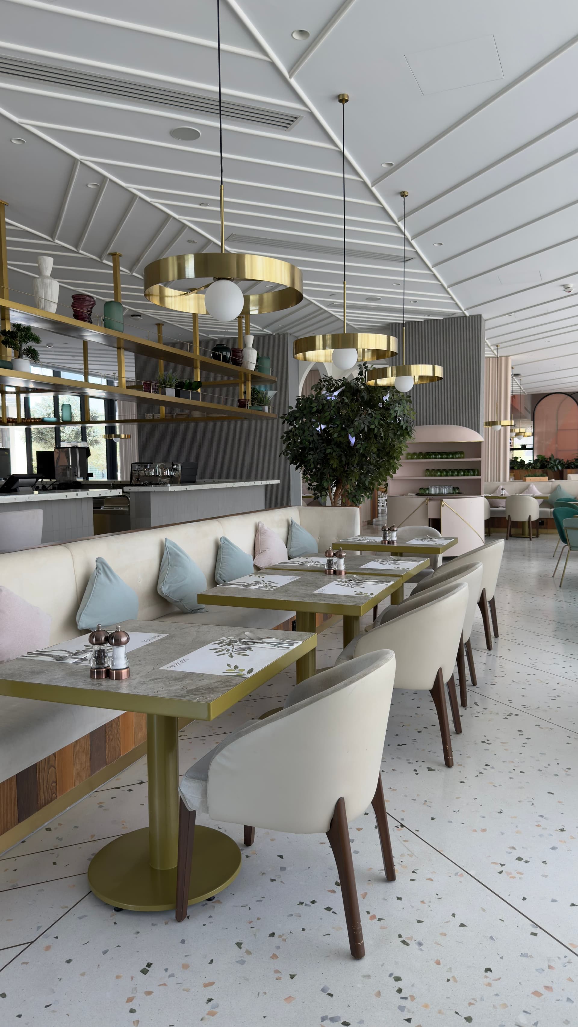 Upscale restaurant interior with banquet seating