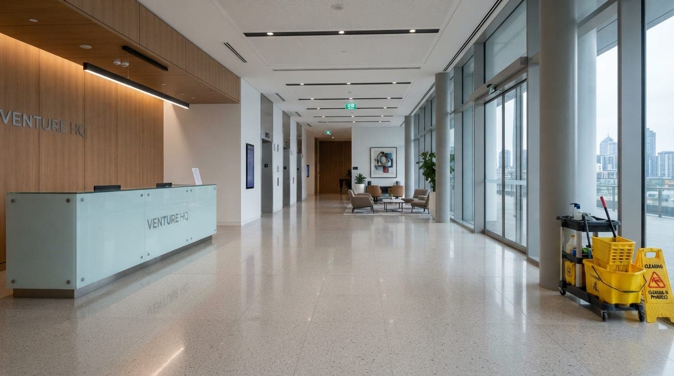 Modern office lobby with janitorial cart — commercial cleaning by Shai & Fortuna