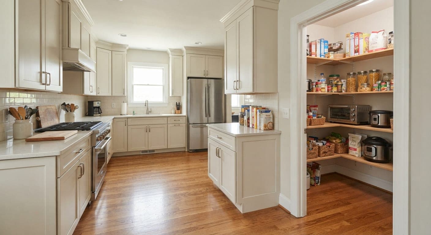 Residential kitchen and pantry where pest control assessment may be needed