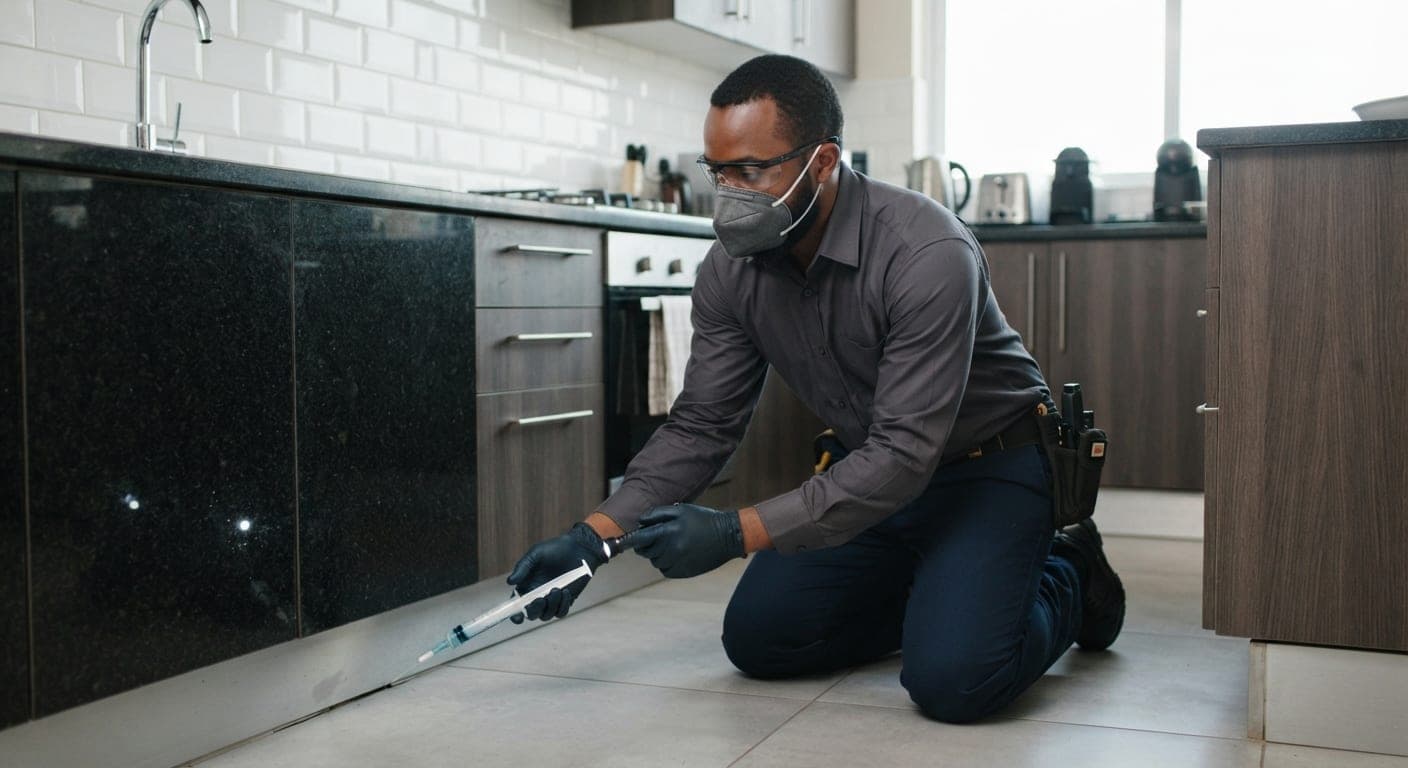Pest control technician applying treatment in a modern kitchen — Shai & Fortuna