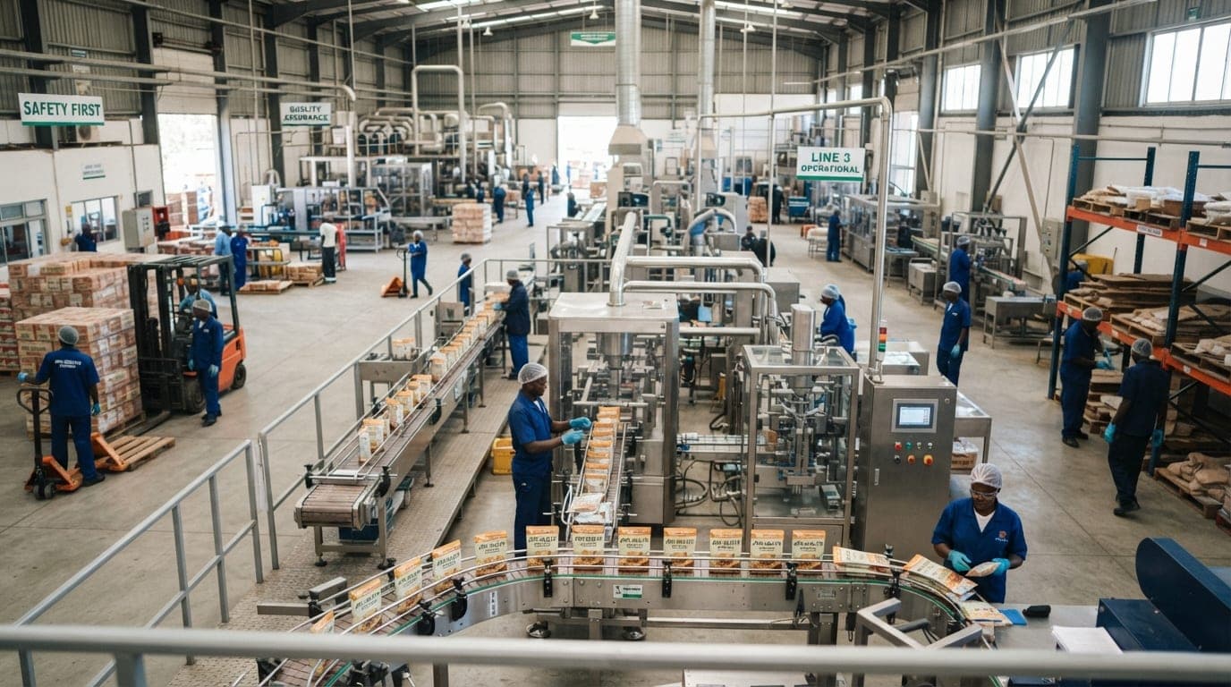 Food processing factory floor with production lines — industrial cleaning by Shai & Fortuna