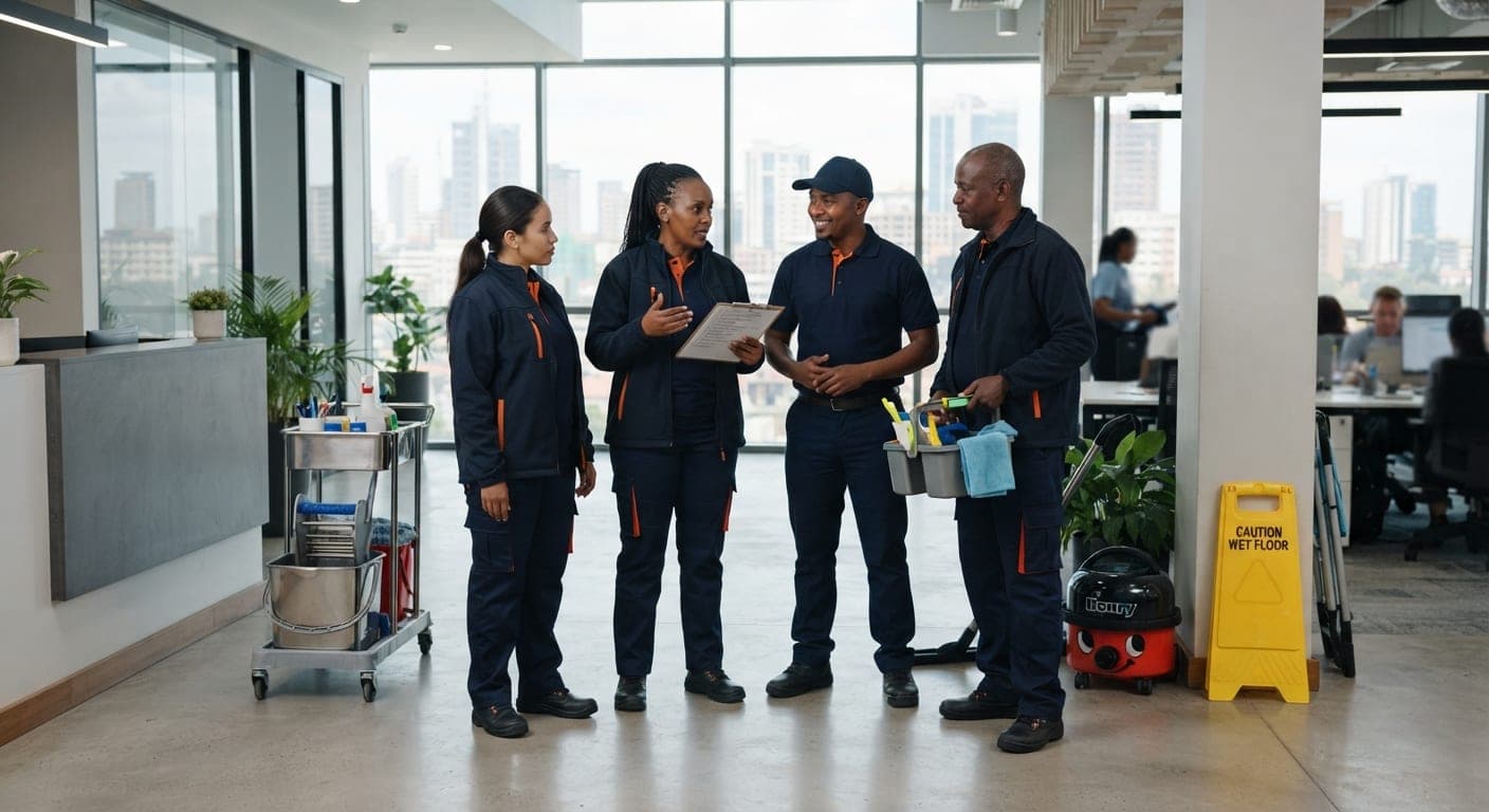 Cleaning personnel team briefing in a modern office lobby — Shai & Fortuna