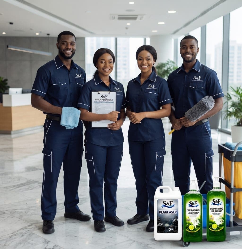 Scheduled cleaning personnel team with checklist in an office lobby