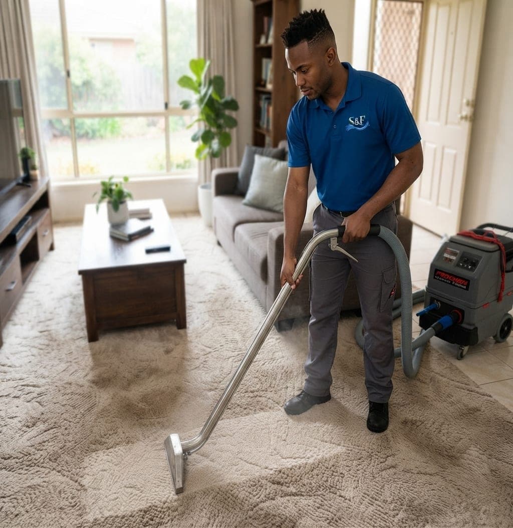 Technician carpet cleaning in a living room — Shai & Fortuna