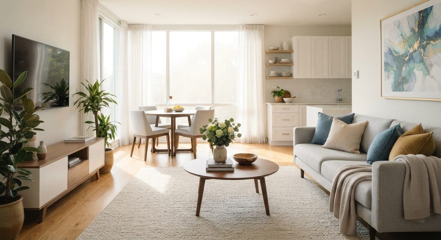 Bright open-plan home interior — residential cleaning by Shai & Fortuna