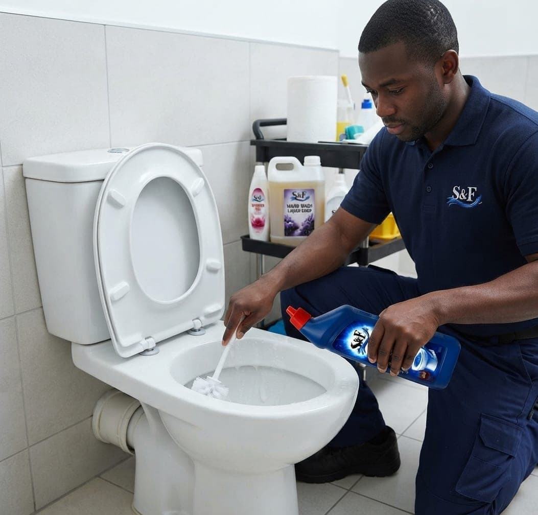 Shai & Fortuna cleaner deep-cleaning a washroom