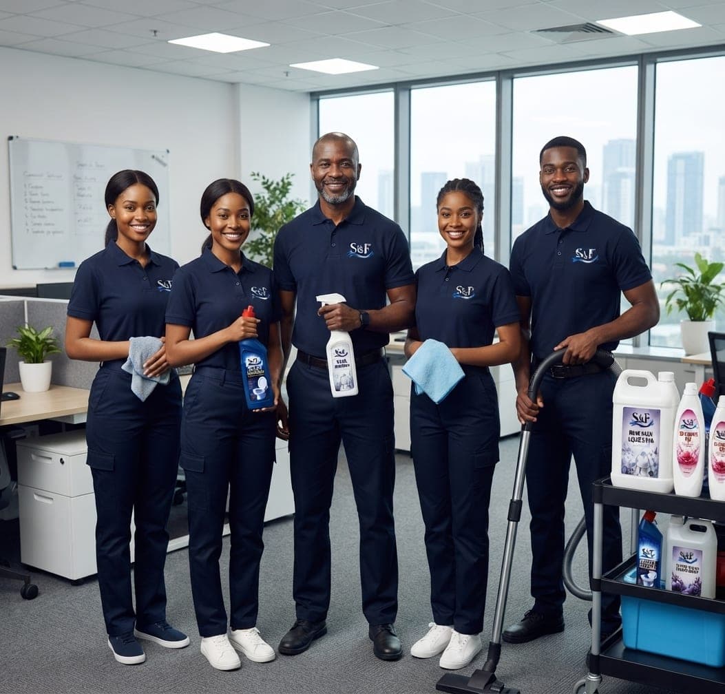 Shai & Fortuna cleaning personnel team in uniform with supplies