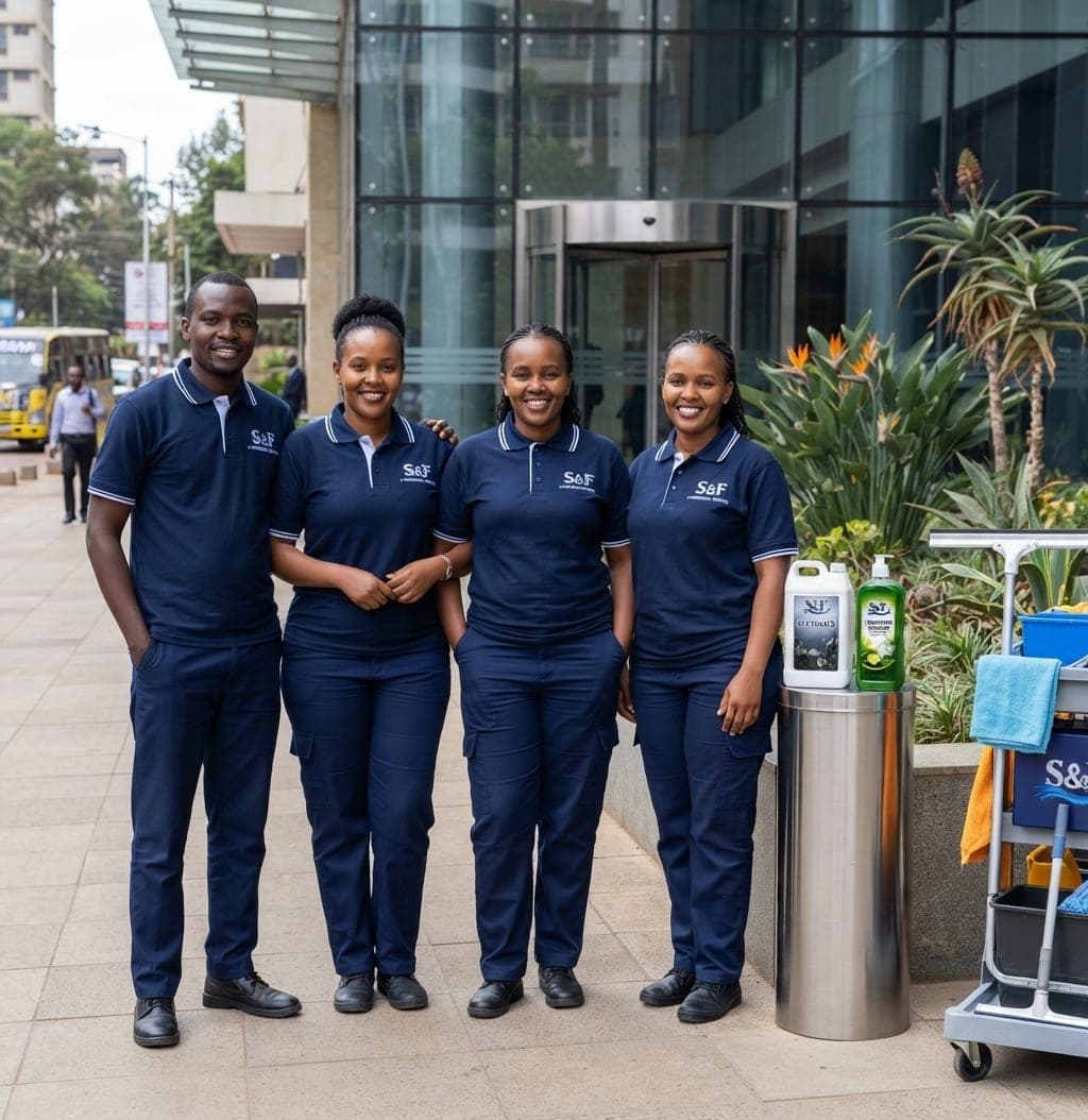 Dedicated Shai & Fortuna cleaning personnel team outside a commercial building