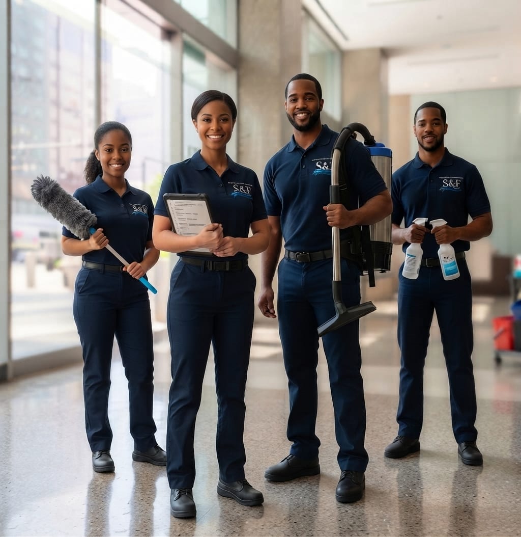 Shai & Fortuna cleaning staff on site — uniformed crew with S&F branding