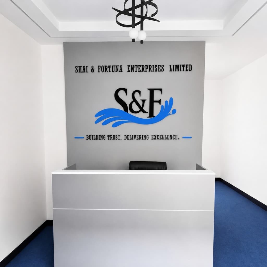 Shai & Fortuna Enterprises reception at Blessed House, Thika Road — S&F logo and company name on the office wall
